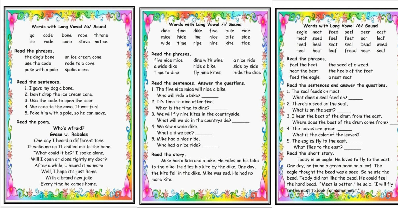 Long Vowel Reading Worksheets for Kids: Printable Phonics Passages ...